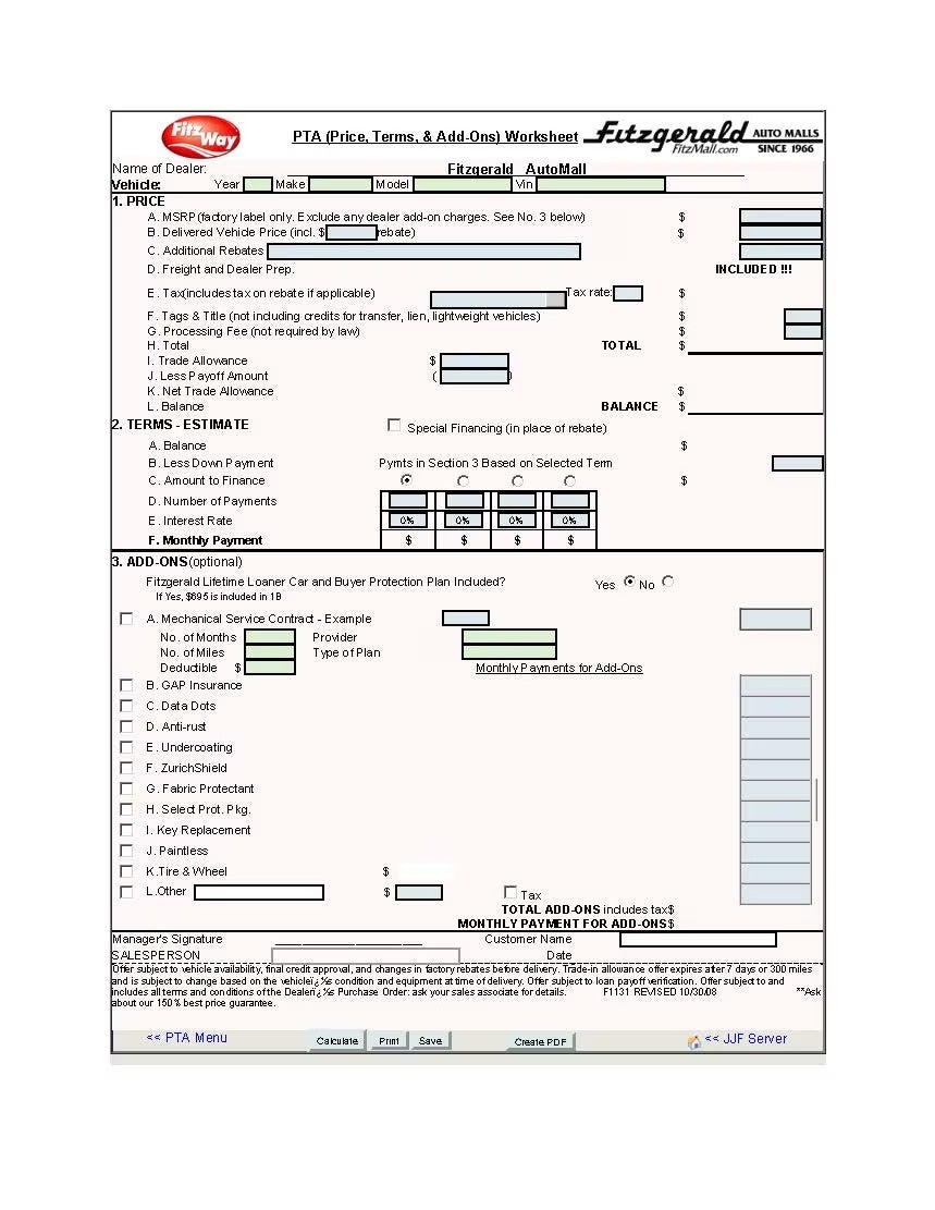 Price, Terms, & Add-ons worksheet is displayed here.